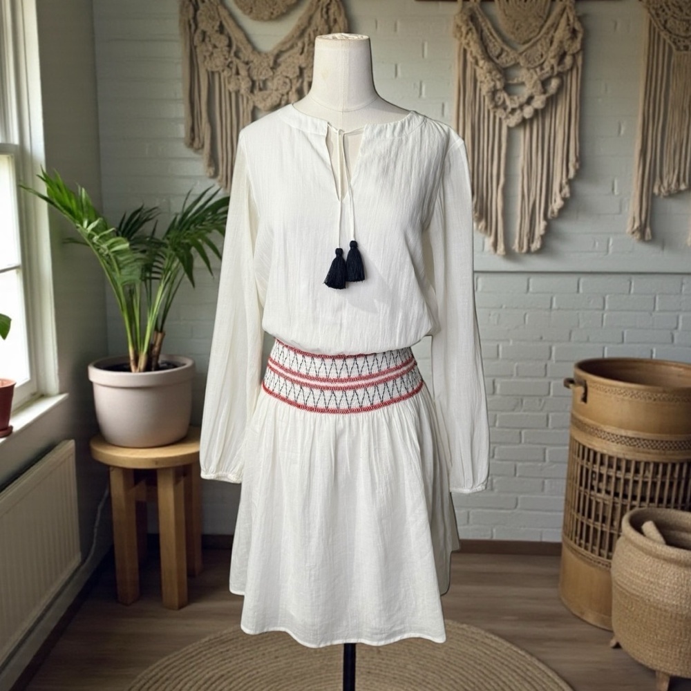 Sail to Sable White Boho Tassel Dress | Smocked Waist Long Sleeve Mini